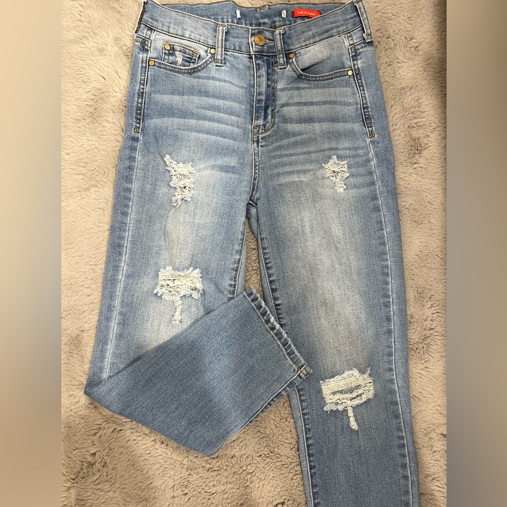 Blue Straight Leg Jeans with Distressed Details